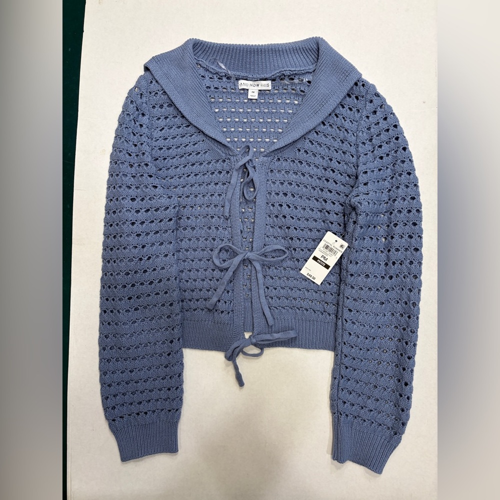 Blue Open Knit Tie Front Cardigan | Cropped Sweater | NWT | PM Petite - Picture 3 of 8